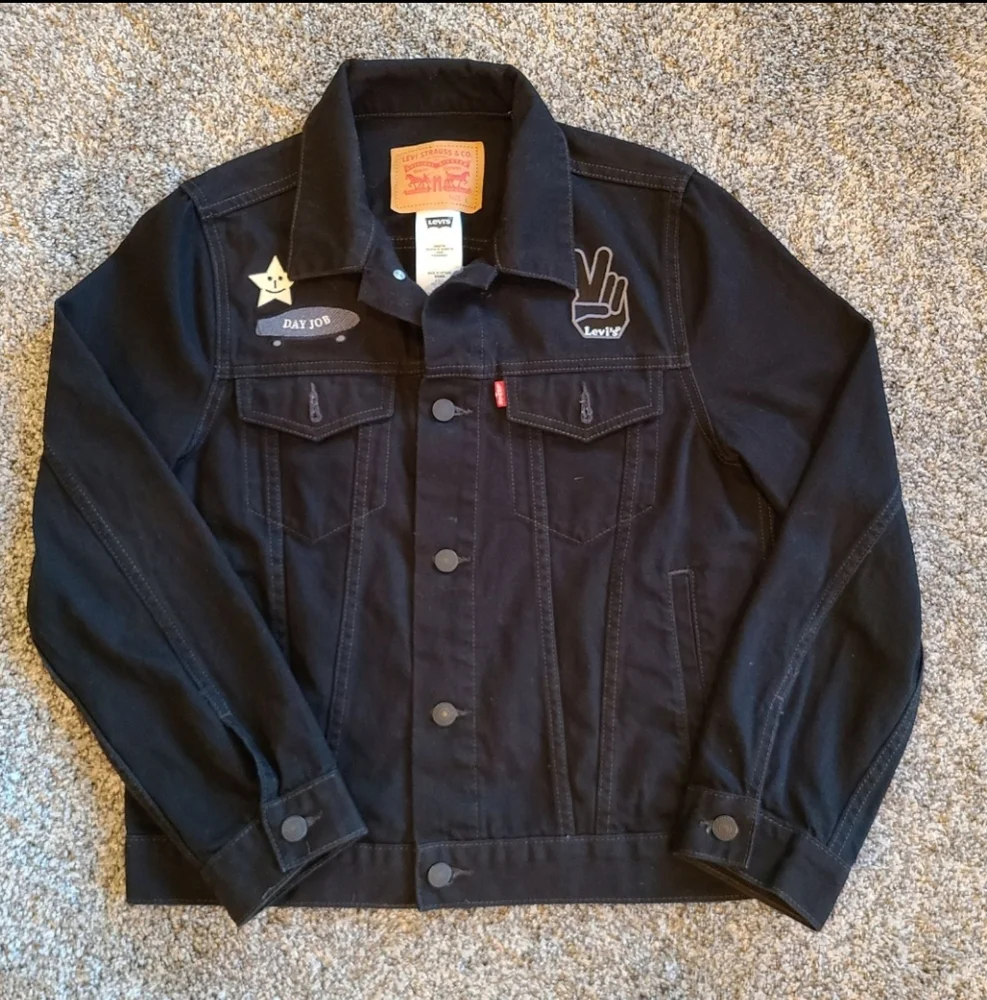Levi's Trucker Denim Jean Jacket Peace Love Youth Kids Black Retro Vintage Lg